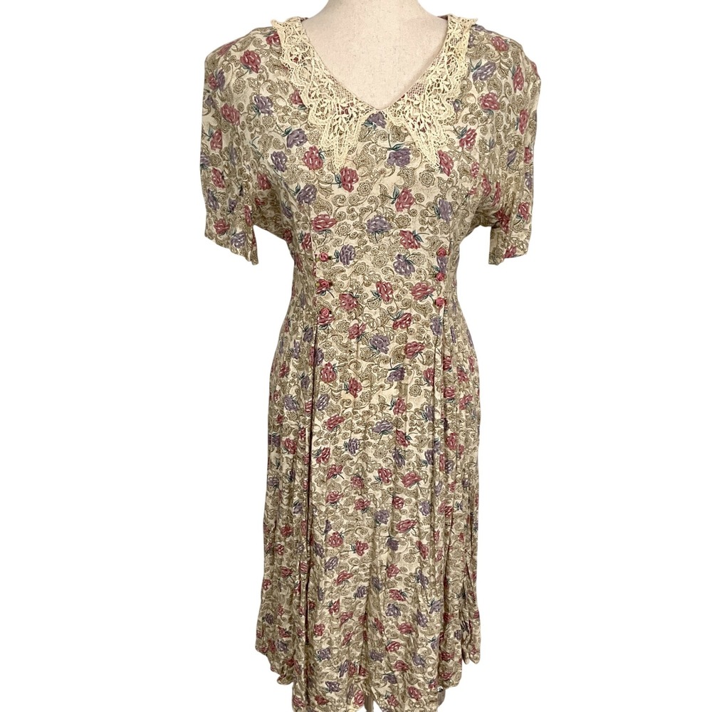 Betsy Lauren Dress Womens 14P Beige Green Floral‎ Cottagecore Lace Prairie Midi